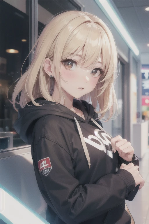 8K,Highest quality,Brown eyes,1 European woman,Beautiful face in every detail,Blonde,hoodie ,High resolution,