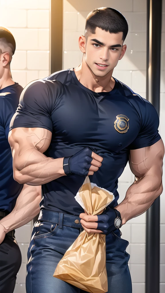 (Man:1.6),(crew cut short hair:1.8),black eye,(Wear a fitted round neck t-shirt in navy with a police badge.:1.5),(fit neck),Navy blue jeans,(black_gloves:1.2), Korean guy,chest muscles,large arm muscles,blood vessel,Big muscles,Broad shoulders, (open mouth:1.2),(face up:1.2),(open eyes:1.5), middle of the road,smile,(backpack:1.3), In front of the bread shop