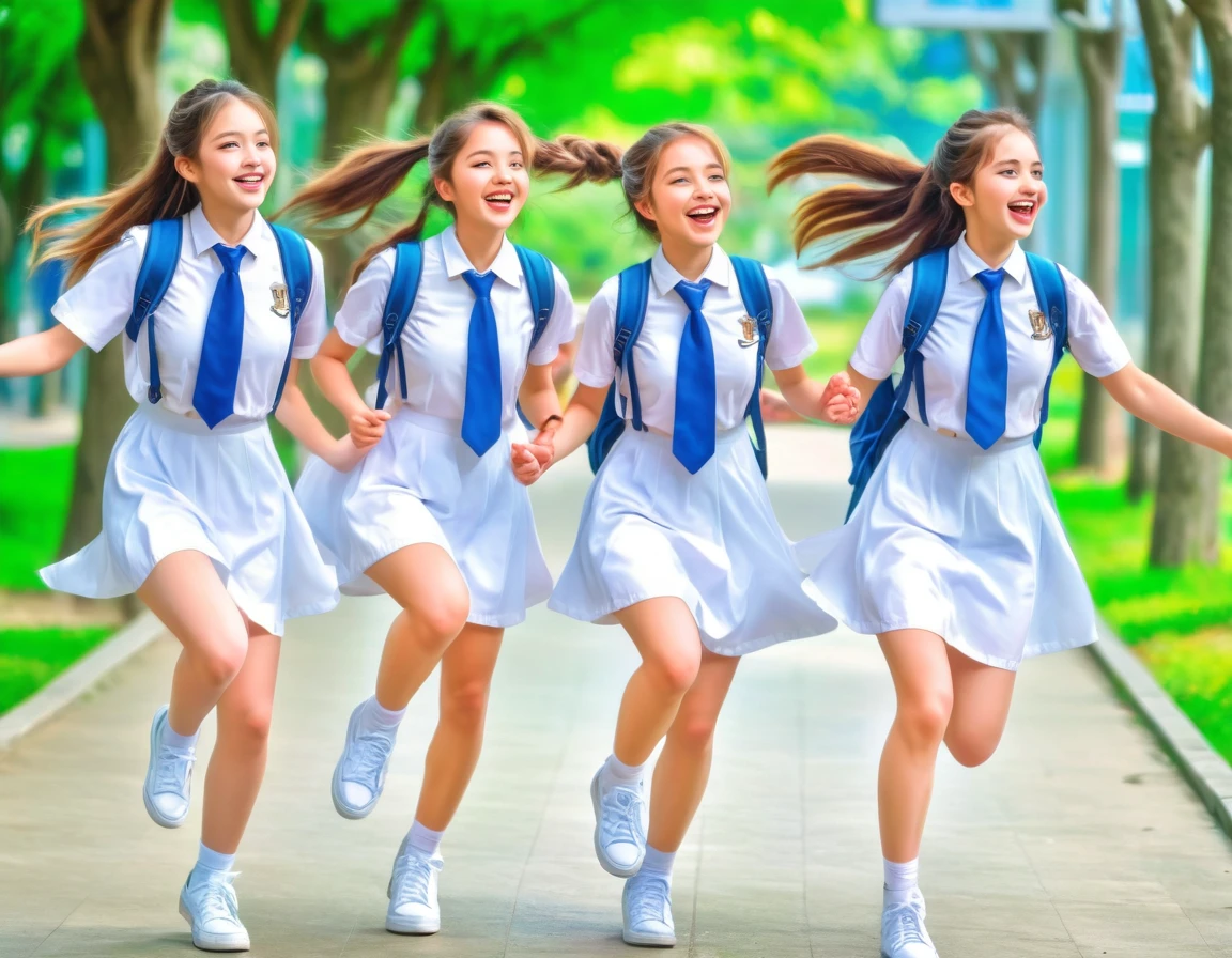 Raw photo, 5 beautiful teen schoolgirls, attractive feminine form, with plaited hair, dancing in a playful manner, having fun in a school walkway, joyful happy mood, wearing white frocks and blue color ties, white shoes, with school backpacks, professional photographer, (hdr:1.4), masterpiece, ultra-realistic 8k, perfect artwork, intricate details, award winning photograph, (Best quality, 8k, 32k, Masterpiece, UHD:1.3)