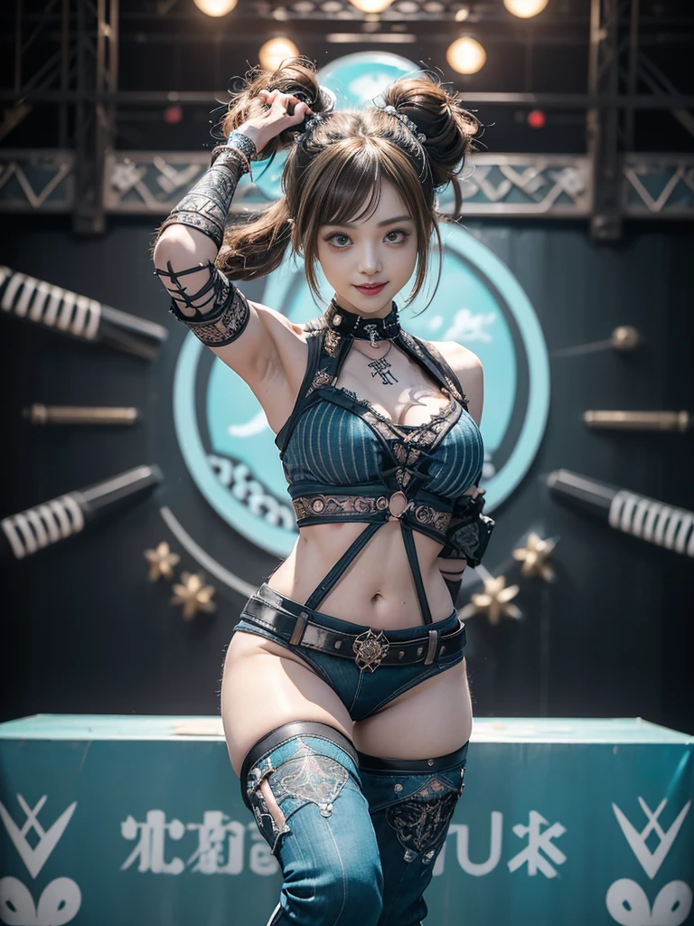 (Full Body View:1.2)、(Side view:1.1)、(Smiling with teeth showing:1.3),(Shibuya Gal:1.5)、(Gothic ta style fashion:1.5)、(Punk RockVisual Kei:1.5)、(Wearing a rhythmic gymnastics bodysuit with intricate details:1.4)、(Racing suit and pants with intricate white, denim and turquoise decorations:1.5)、(Denim with turquoise and white boots:1.3)、((belt))、(Numerous delicate logo marks all over the costume:1.4)、(collar:1.3)、(Striped underwear:1.5)、20-year-old、NSFW、((Highest quality、In 8K、masterpiece:1.3))、Sharp focus:1.2、(Layered Cut、Huge boobs:1.1),Beautiful woman with perfect figure:1.4、(Doing an aerobics pose:1.3)、Slender Abs:1.2、Highly detailed face and skin texture、Detailed eyes、double eyelid,(Twin tails:1.3)、(Brown-golden hair:1.3)、Gravure idol、(The background is the stage of the fashion show:1.3)、(Slim body:1.3),(Make your legs thinner:1.4),(clavicle:1.1)、(Thin thighs:1.2)