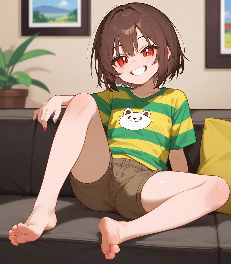 Fraction_9,Fraction_8_direction_7_up, Chara from Undertale, Grin, White teeth, Red Eyes, White sclera, Wearing a green and yellow striped shirt, Brown shorts, Sitting on the sofa, In the living room, Cross your legs, barefoot, 5 toes, paw