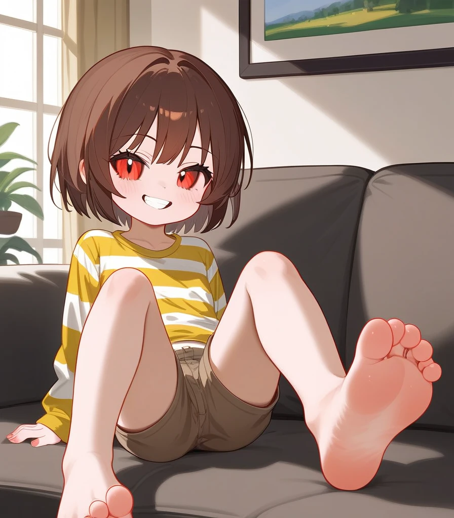 Fraction_9,Fraction_8_direction_7_up, Chara from Undertale, Grin, White teeth, Red Eyes, White sclera, Wearing a green and yellow striped shirt, Brown shorts, Sitting on the sofa, In the living room, Cross your legs, barefoot, 5 toes, paw