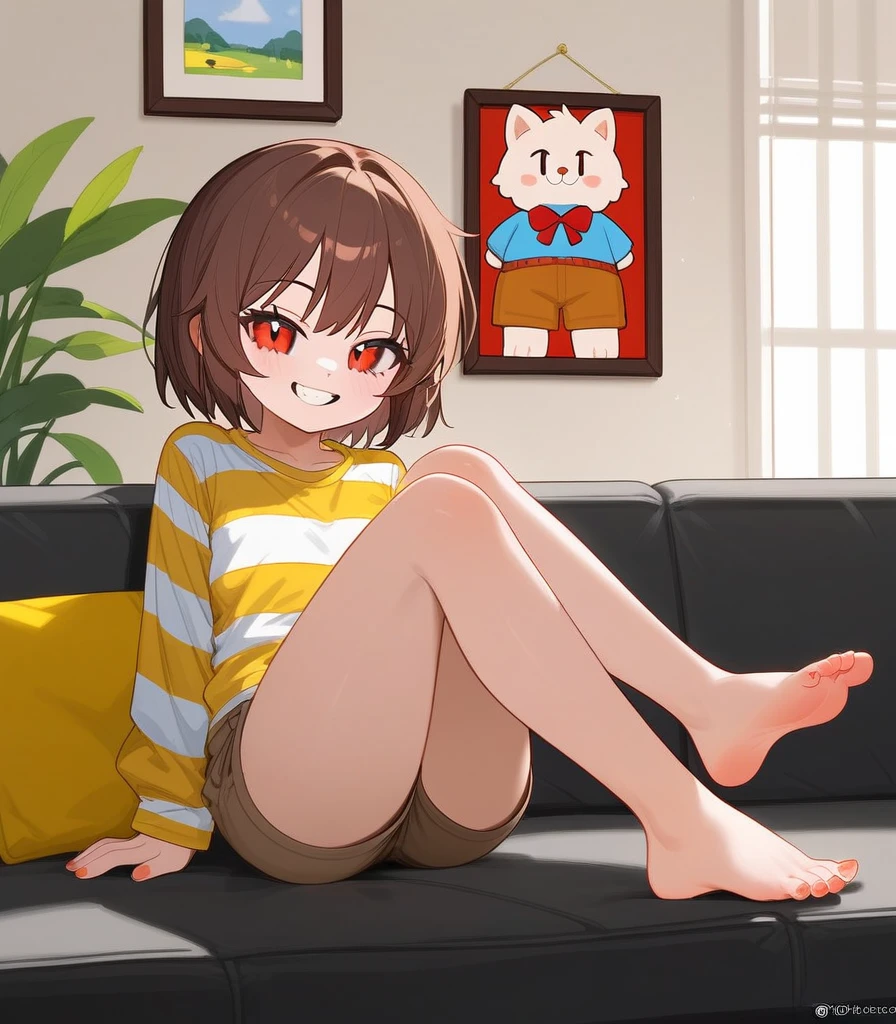 Fraction_9,Fraction_8_direction_7_up, Chara from Undertale, Grin, White teeth, Red Eyes, White sclera, Wearing a green and yellow striped shirt, Brown shorts, Sitting on the sofa, In the living room, Cross your legs, barefoot, 5 toes, paw