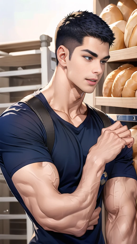 (Man:1.6),(crew cut short hair:1.8),black eye,(Wear a fitted round neck t-shirt in navy with a police badge.:1.5),(fit neck),Navy blue jeans,(black_gloves:1.2), Korean guy,chest muscles,large arm muscles,blood vessel,Big muscles,Broad shoulders, (open mouth:1.2),(face up:1.2),(open eyes:1.5), middle of the road,smile,(backpack:1.3), In front of the bread shop