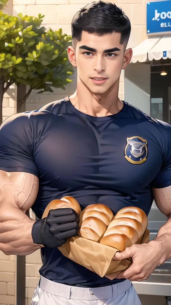 (Man:1.6),(crew cut short hair:1.8),black eye,(Wear a fitted round neck t-shirt in navy with a police badge.:1.5),(fit neck),Navy blue jeans,(black_gloves:1.2), Korean guy,chest muscles,large arm muscles,blood vessel,Big muscles,Broad shoulders, (open mouth:1.2),(face up:1.2),(open eyes:1.5), middle of the road,smile,(backpack:1.3), In front of the bread shop