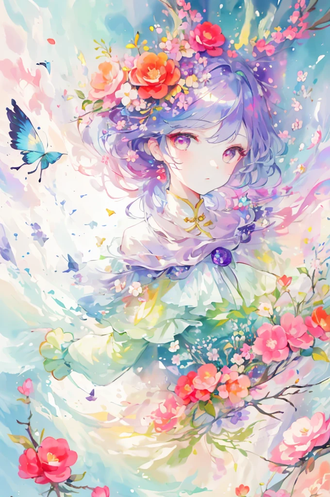 (Highest quality),(works of masters),(Detailed eye description),(8k wallpaper)(detailed facial description),rich and colorful,1 girl,Chinese clothes,Half body,上Half body,Iridescence and rainbow eyes,floating rainbow hair,iridescent and rainbow dresses,Peach blossom background,