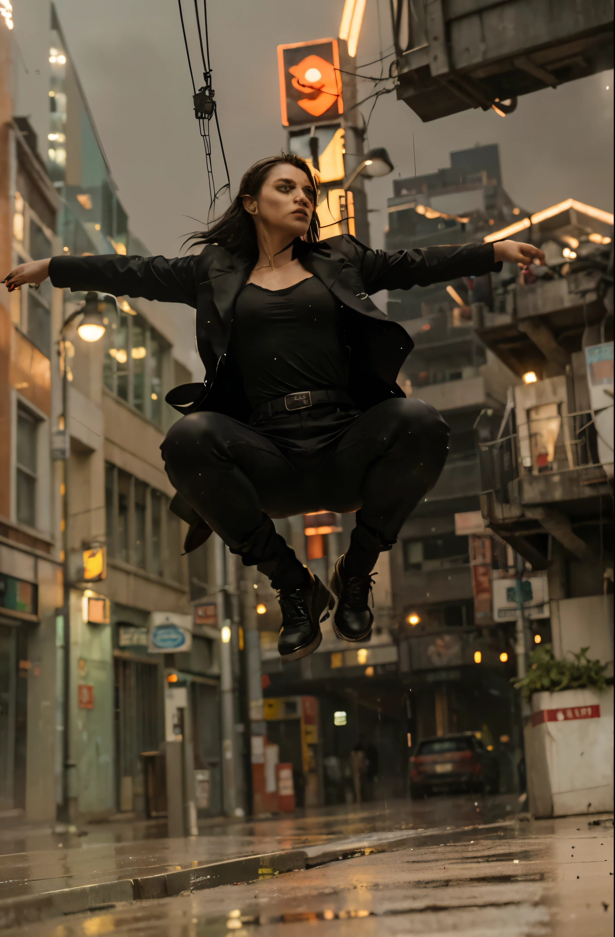 (Best quality, 8k, 32k, Masterpiece, UHD:1.2), "Transform the scene into the iconic Mega City from The Matrix movies. Imagine a sprawling, dystopian urban landscape characterized by its dark, rain-soaked streets and towering skyscrapers. The city is a blend of modern and grimy, with towering buildings clad in reflective glass and steel, interspersed with older, rundown structures. ((jumping)) ((jump))
The streets are eerily quiet, illuminated by the cold, artificial glow of neon signs and streetlights. Rain pours down relentlessly, creating puddles that reflect the myriad lights of the city. The air is thick with an atmosphere of tension and surveillance, suggesting an omnipresent, unseen authority.
Capture the sense of a digital facade overlaying reality, with subtle glitches or anomalies in the environment that hint at the underlying Matrix code. Shadows move unnaturally, and occasional flickers in the lights add to the surreal, almost otherworldly feel of the city.
Highlight the contrast between the sleek, high-tech elements and the grungy, decayed aspects of the urban environment. The scene should evoke a sense of dystopian realism, underscored by the feeling of being trapped within a meticulously controlled, artificial reality.
The overall mood should be dark, foreboding, and filled with the tension of a world where things are not quite what they seem, capturing the essence of Mega City from The Matrix."