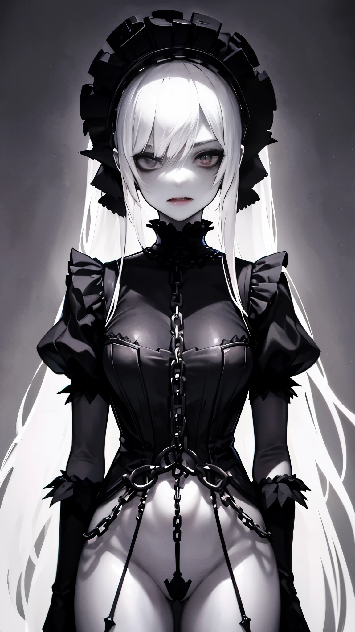 a girl monster, slave, chained, beautifu, Full-length, lots of details, delicate facial features, piercing eyes, sharp fangs, pale skin, thick chains, dark background, cinematic lighting, dramatic shadows, gothic style, moody atmosphere, dark fantasy, high contrast, muted colors