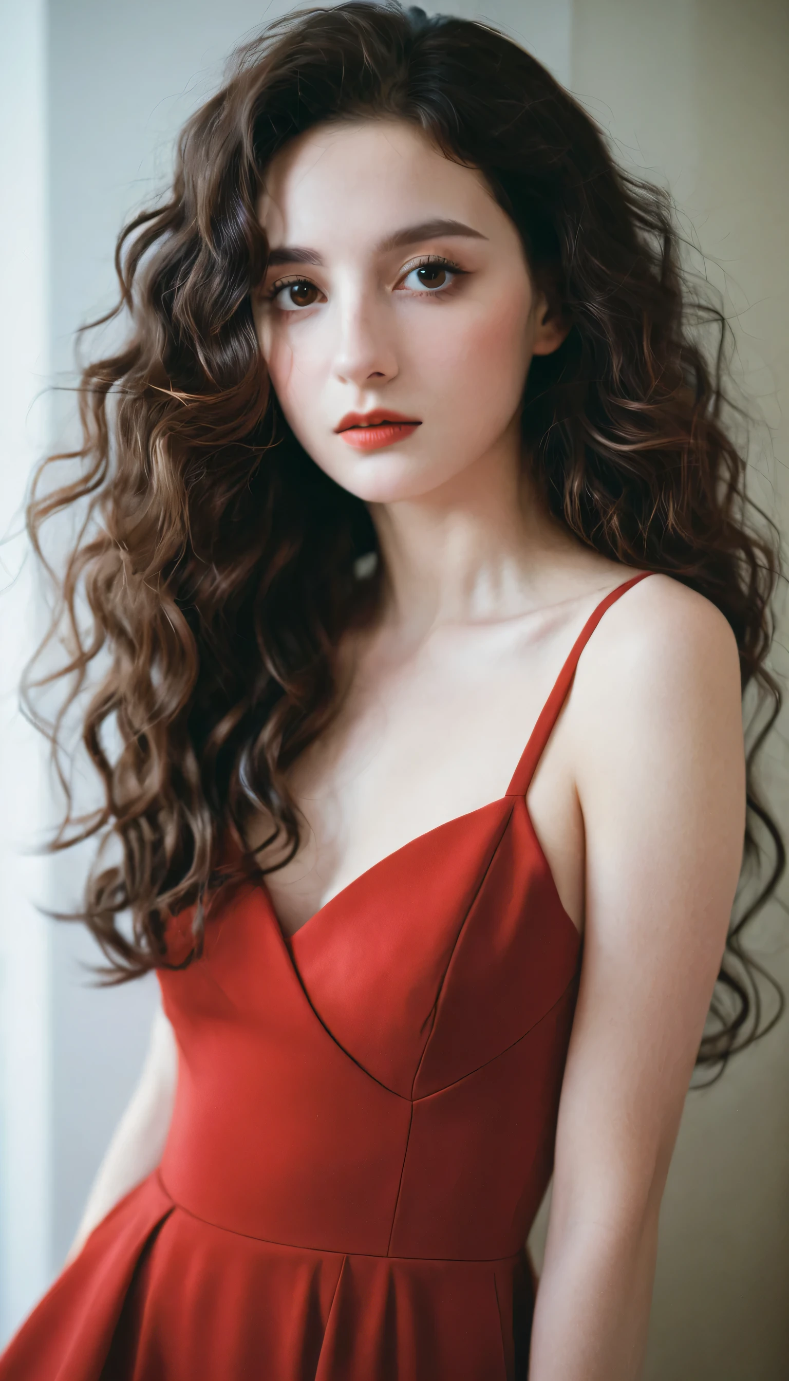 [White skin woman:1.2, Long curly hair:1.2, Elegant red dress, Collapsed nose, Bright brown eyes], portrait, VSCO Filters: C8)