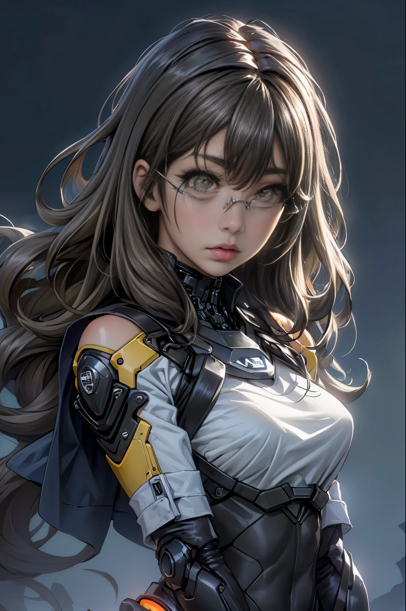 1 girl, alone,riofutaba, rio futaba, black-framed eyewear, (brown eyes:1.7), glasses, (grey hair:1.2), hair between eyes, over-rim eyewear, semi-rimless eyewear, long hair, sidelocks,,1womanl, Mature, Beautiful face, big eye, (Choppy), (cybernetic body parts), headgear, Short underwear, Cowboy Shot, (Background with: futuristic cyberspace battlefield),  (depth of fields), ​masterpiece, Realistic, impossible details, top-quality