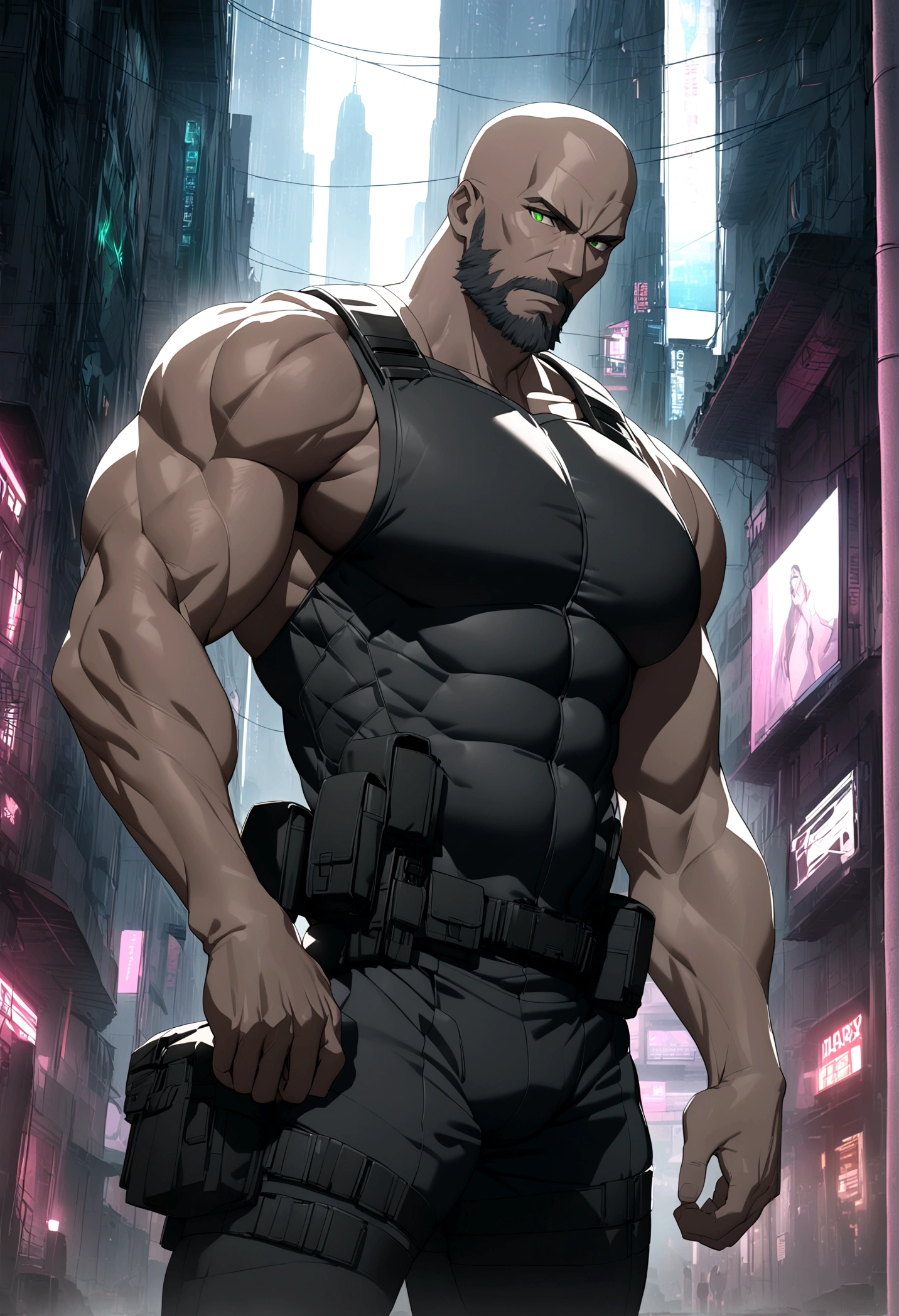 (masterpiece, 32k, 8k, cgi, cyberpunk effect), man, 46 years old, tanned black skin, deep green eyes, serious expression, bald, black Swat uniform, cyberpunk city setting, full black beard, face with very masculine features, tall and muscular man