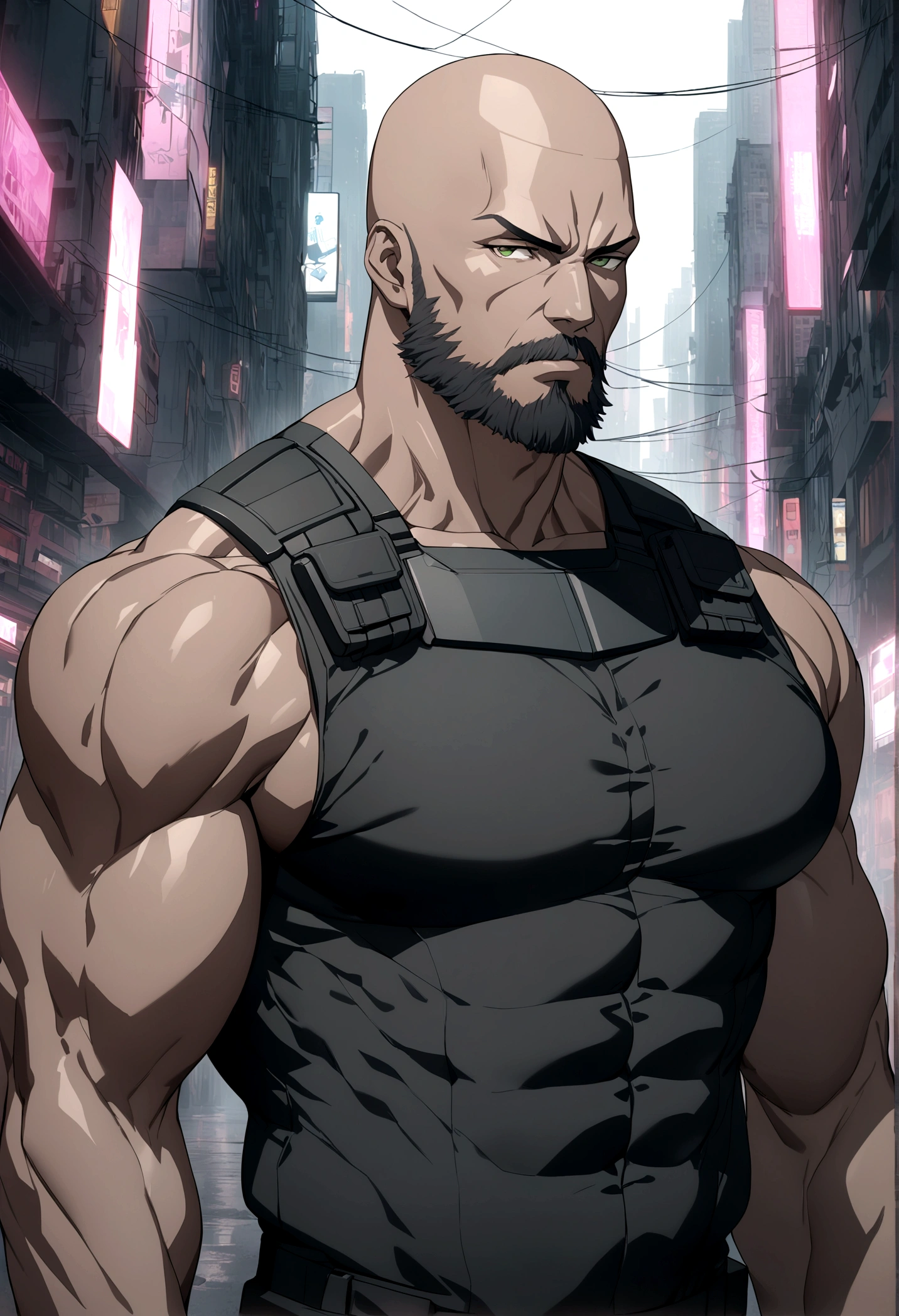 (masterpiece, 32k, 8k, cgi, cyberpunk effect), man, 46 years old, tanned black skin, deep green eyes, serious expression, bald, black Swat uniform, cyberpunk city setting, full black beard, face with very masculine features, tall and muscular man