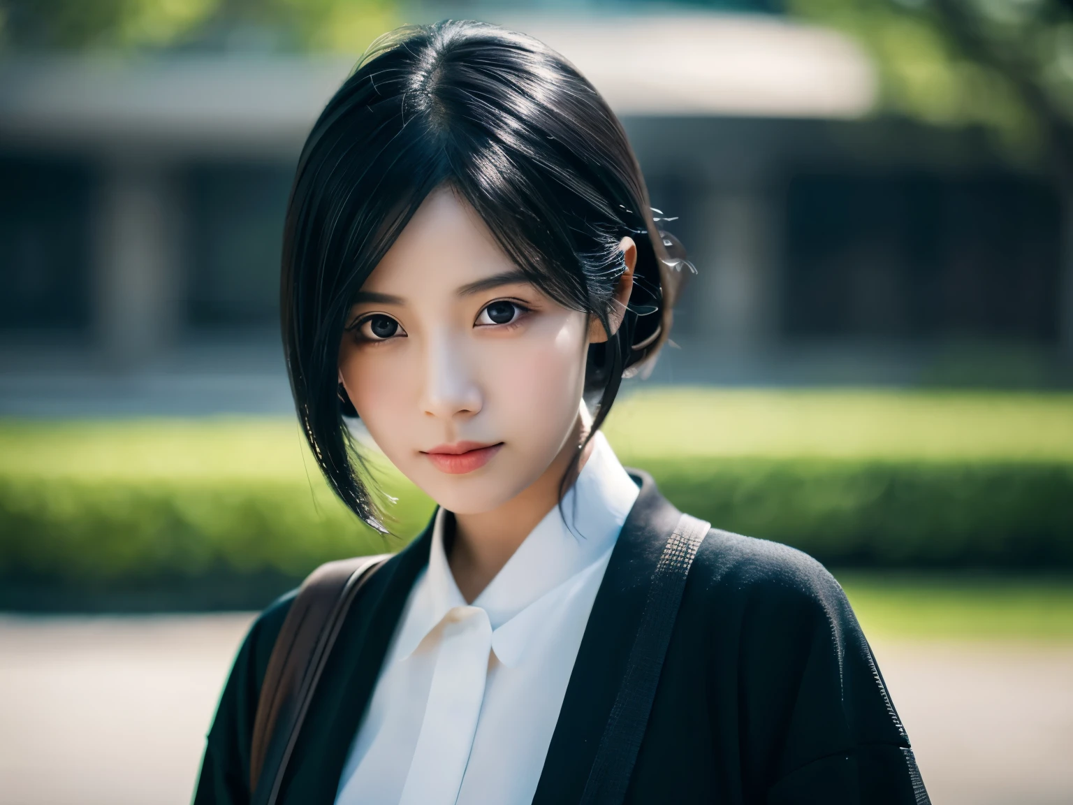 1girl,full body,extremely detailed  face, beautiful detailed eyes,light on face,cinematic lighting,looking at viewer,outdoors,Black hair,(balck Chinese architecture:0.05),hanfu,