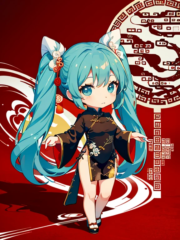 (China dress:1.5), Hatsune Miku, (chibi:1.5), full body, Big Eyes, (masterpiece), highest quality