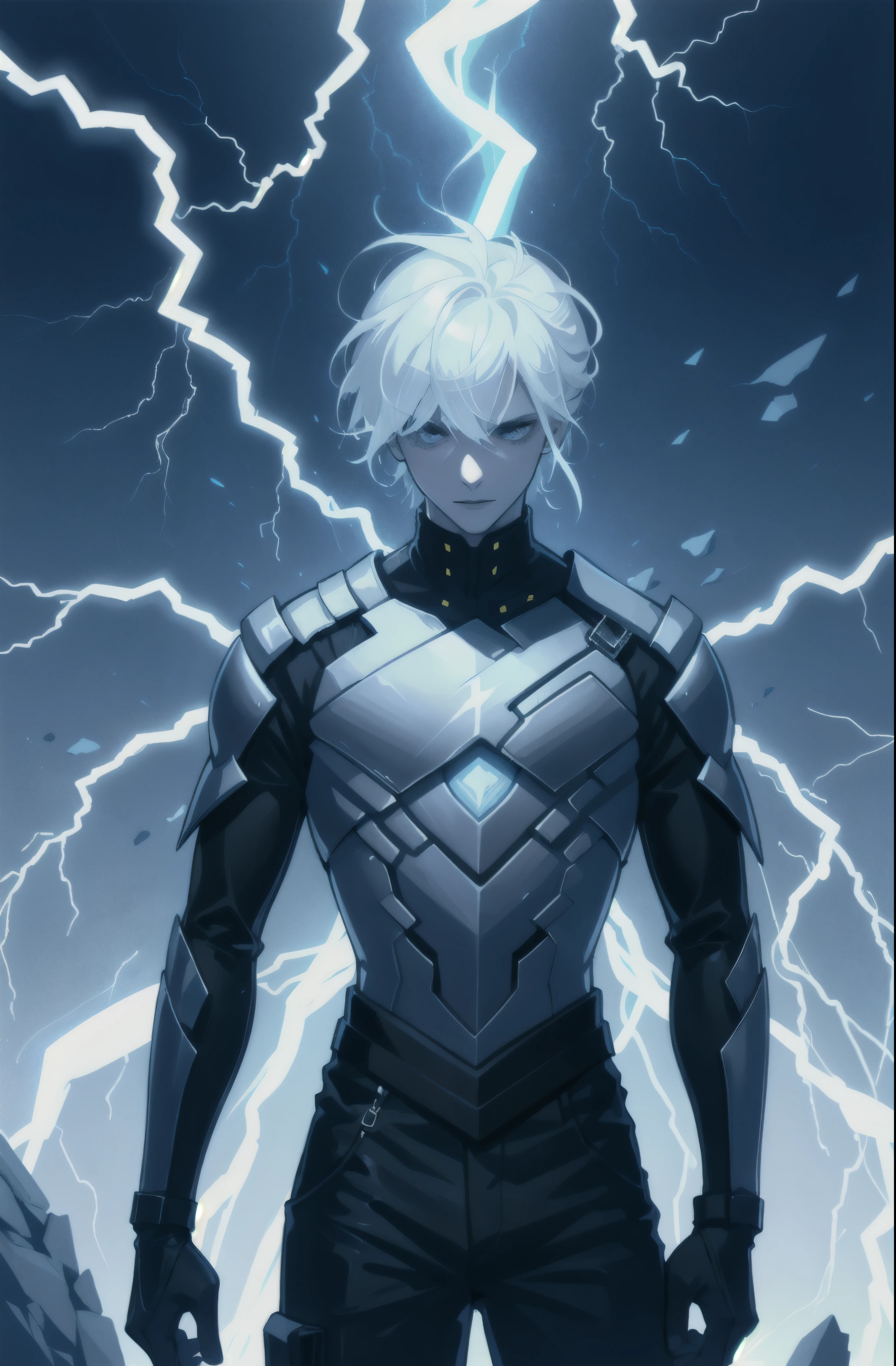 A 15-year-old age boy with an albino skin tone. He is an engineer and artificer, without facial or body hair. His hair is short and straight, colored white. The boy is wearing a futuristic cyberpunk in black and blue, futuristic style clothes, adorned with white lightning patterns. He is surrounded by an aura of white lightning, with a background featuring a scenery of rapid lightning and thunder. Thunder powers.