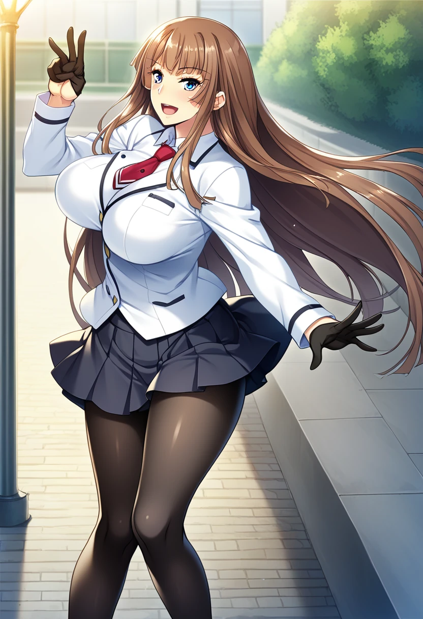 score_9, score_8_up, score_7_up, score_6_up, best quality, source_anime, game cg, beautiful eyes, (aoi nagisa:1.2), BREAK solo, 1girl, koukawa asuka, brown hair, long hair, blue eyes, bangs, (huge breasts:0.8), medium body, BREAK (long sleeved blue school jaket:1.1), black gloves, collared white blouse, red tie, black skirt, knee length pleated skirt, black pantyhose, shiny skin, BREAK smile, blush, open mouth, standing, outside, street,