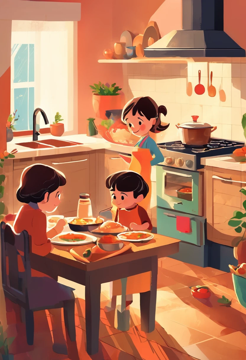 Scene in the living room，A child watching TV on the sofa，A child is helping his mother cook in the kitchen，Guests at home waiting for food to be served at the dining table