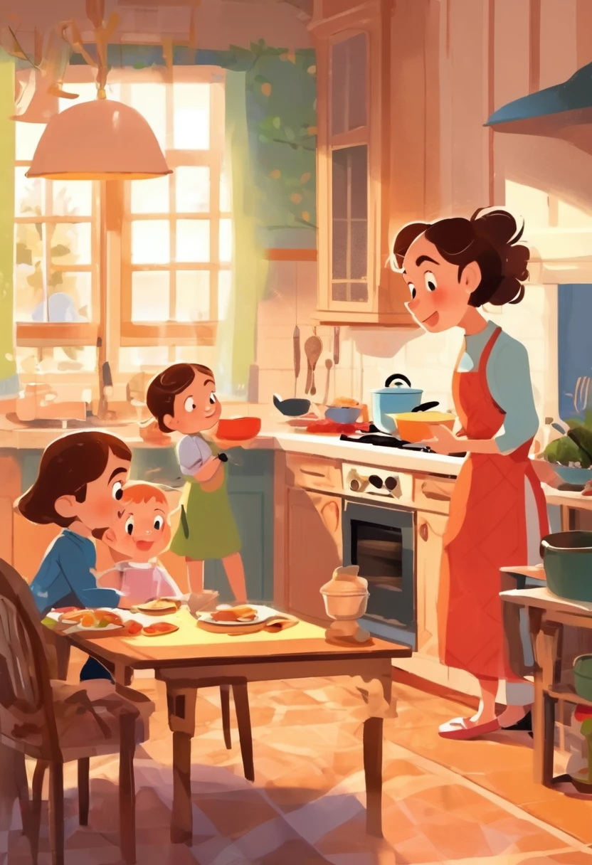 Scene in the living room,A child watching TV on the sofa,A child is helping his mother cook in the kitchen,Guests at home waiting for food to be served at the dining table