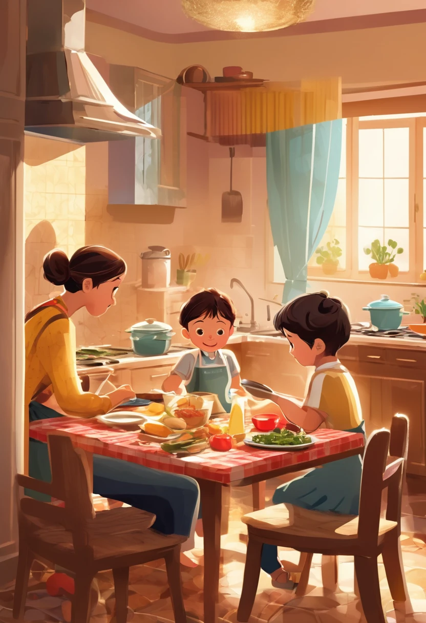 Scene in the living room,A child watching TV on the sofa,A child is helping his mother cook in the kitchen,Guests at home waiting for food to be served at the dining table