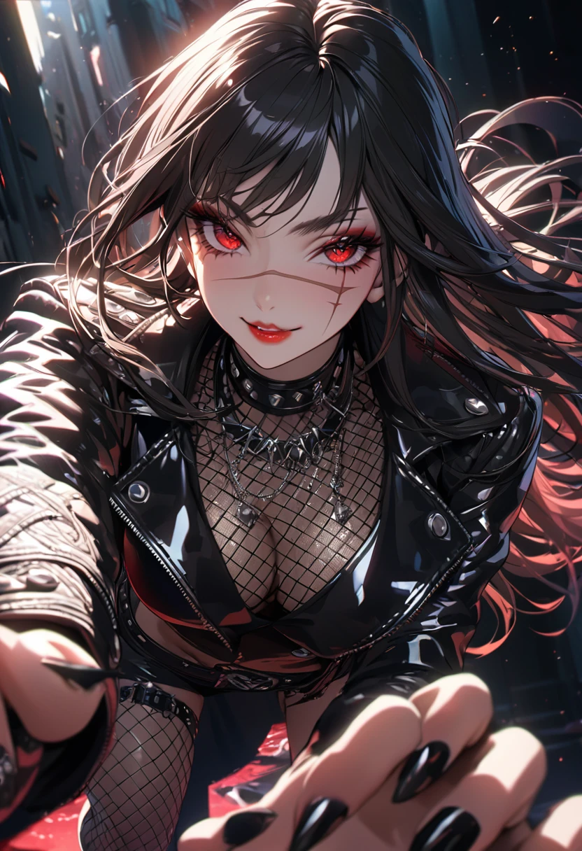 best quality, masterpiece, ultra-detailed, illustration, dynamic pose, 1girl, beautiful detailed eyes, beautiful detailed lips, extremely detailed eyes and face, long eyelashes, face scar, red eyes, black hair, looking at viewer, evil smile, heavy eyeliner, wearing a leather jacket, platform boots adorned with studded accessories, layered necklaces, bold patterns, torn fishnets, dramatic makeup, black nail polish, oversized rings, close-up shot, glossy lips, cinematic lighting, volumetric lighting, vibrant colors, ray tracing, intricate details, 8k, 4k resolution