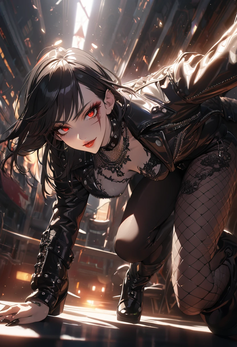 best quality, masterpiece, ultra-detailed, illustration, dynamic pose, 1girl, beautiful detailed eyes, beautiful detailed lips, extremely detailed eyes and face, long eyelashes, face scar, red eyes, black hair, looking at viewer, evil smile, heavy eyeliner, wearing a leather jacket, platform boots adorned with studded accessories, layered necklaces, bold patterns, torn fishnets, dramatic makeup, black nail polish, oversized rings, close-up shot, glossy lips, cinematic lighting, volumetric lighting, vibrant colors, ray tracing, intricate details, 8k, 4k resolution