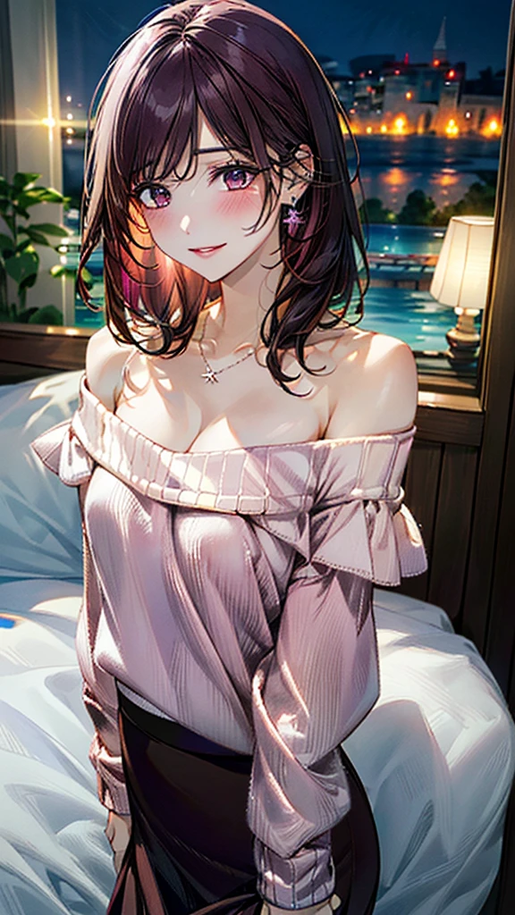 (masterpiece:1.3, Highest quality, Ultra-high resolution：1.2, Super detailed、8K), (Realistic, photoRealistic:1.4), Beautiful illustrations, Perfect lighting, colorful, Depth of written boundary, Beautiful detailed hair, Beautifully detailed face, Beautiful fine details, Droopy eyes、Beautiful clavicle, Beautiful body, 美しいLarge Breasts, Beautiful thighs, Beautiful feet, Beautiful fingers, View Viewer、Front view:0.6, Beauty1人, Japanese, Beauty、30 years old, Perfect Face, (Perfect Anatomy, Anatomically correct), Cute and symmetrical face, Baby Face, , Shiny skin,(Pink off-shoulder knit sweater:1.4), (Long skirt:1.4) 、(deep purple hair, Ribbon hair ornament、Medium Straight Hair:1.4), braided bangs、Dark brown eyes, (Large Breasts, Slim body), necklace, Small earrings:1.1, (Beautiful views), (night),( A luxury hotel room), (Lying in bed), A soft smile、(Smile, Lips parted),