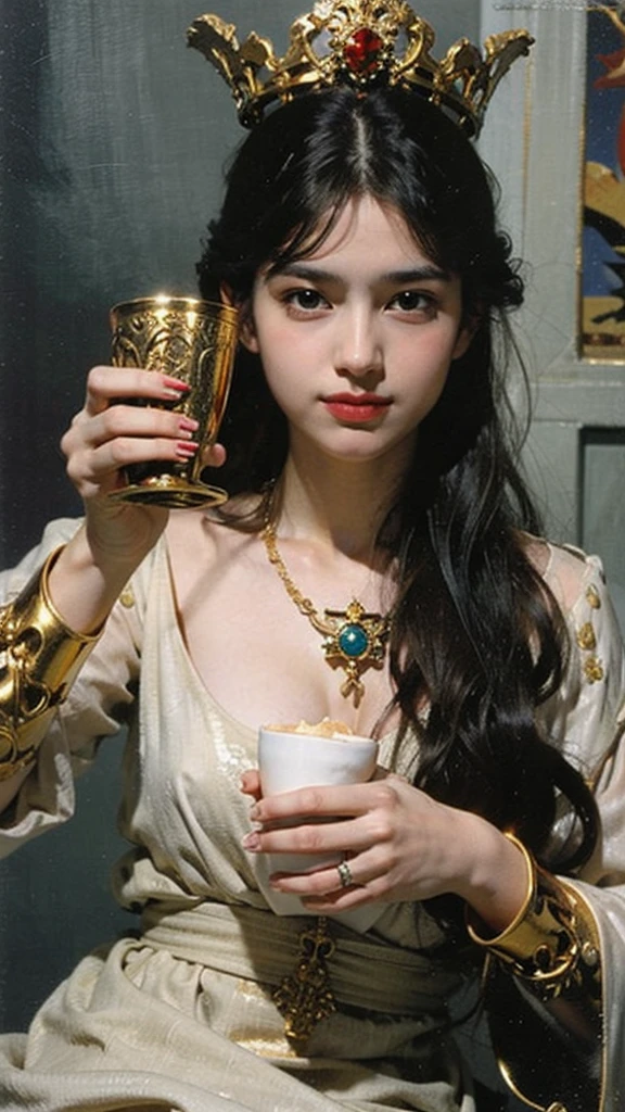 Anime style tarot card, 1 of Cups, young woman, beautiful face, holding the golden holy grail, white dove.