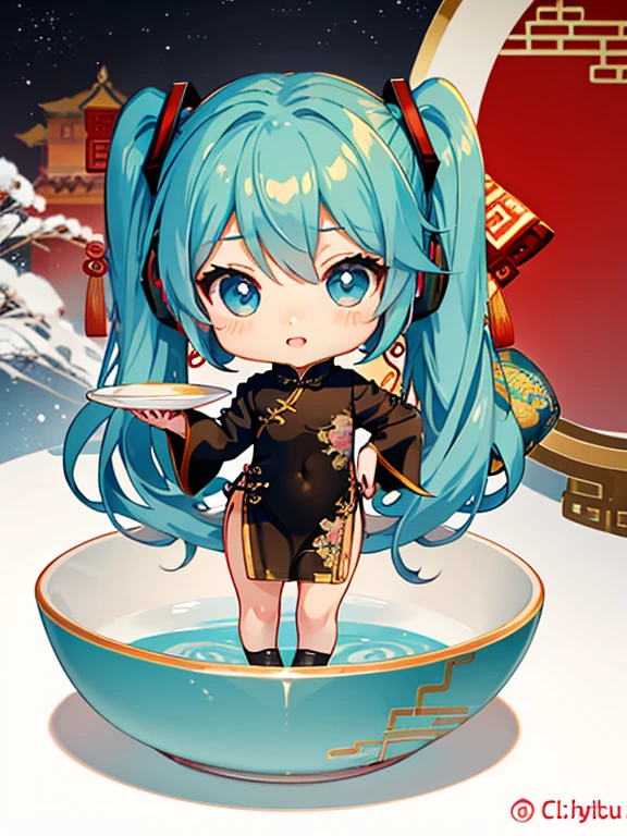 (China dress:1.5), Hatsune Miku, (chibi:1.5), full body, Big Eyes, (masterpiece), highest quality