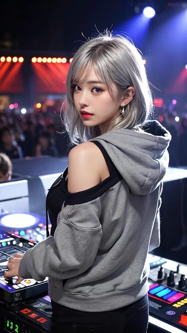 highest quality, Tabletop, 超A high resolution, (Realistic:1.4), (Japanese Idols),RAW Photos, One Girl, night,Detailed skin,nightclub,disco,(bionde:1.2), (silver inner hair:1.3),Glossy lips,28 years old,Beautiful and beautiful eyes,eye shadow,Diamond jewellery,Earrings,Gold Jewelry,(hoodies:1.3),,(Strengthening shoulders:1.2),A well-trained body,(Pixie Cut),Round face,(playing music as a dj:1.5), (dj:1.2) playing at a vibrant (music festival:1.2) with (energetic crowd:1.1) and (colorful stage lights:1.1), (Back view:1.5 ),Back view,(Distant composition),(back of head),Composition from behind,Facing backwards,Look Back