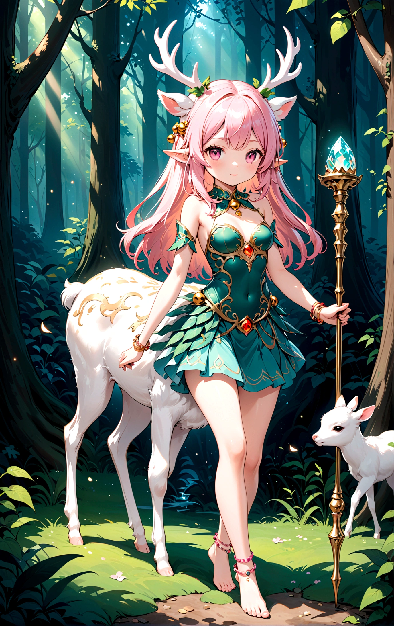 Dream illustration:Cartoon anime style,beautiful girl,Cute expression,Fluffy pink hair,Pink Eyes,Cute pink deer antlers,Elf ears,Orange tulle short skirt,Metal gem-encrusted scepter glows,Slender legs,Standing barefoot,Bells on anklets。(((Correct human anatomy))),In the magic forest,A cute white deer