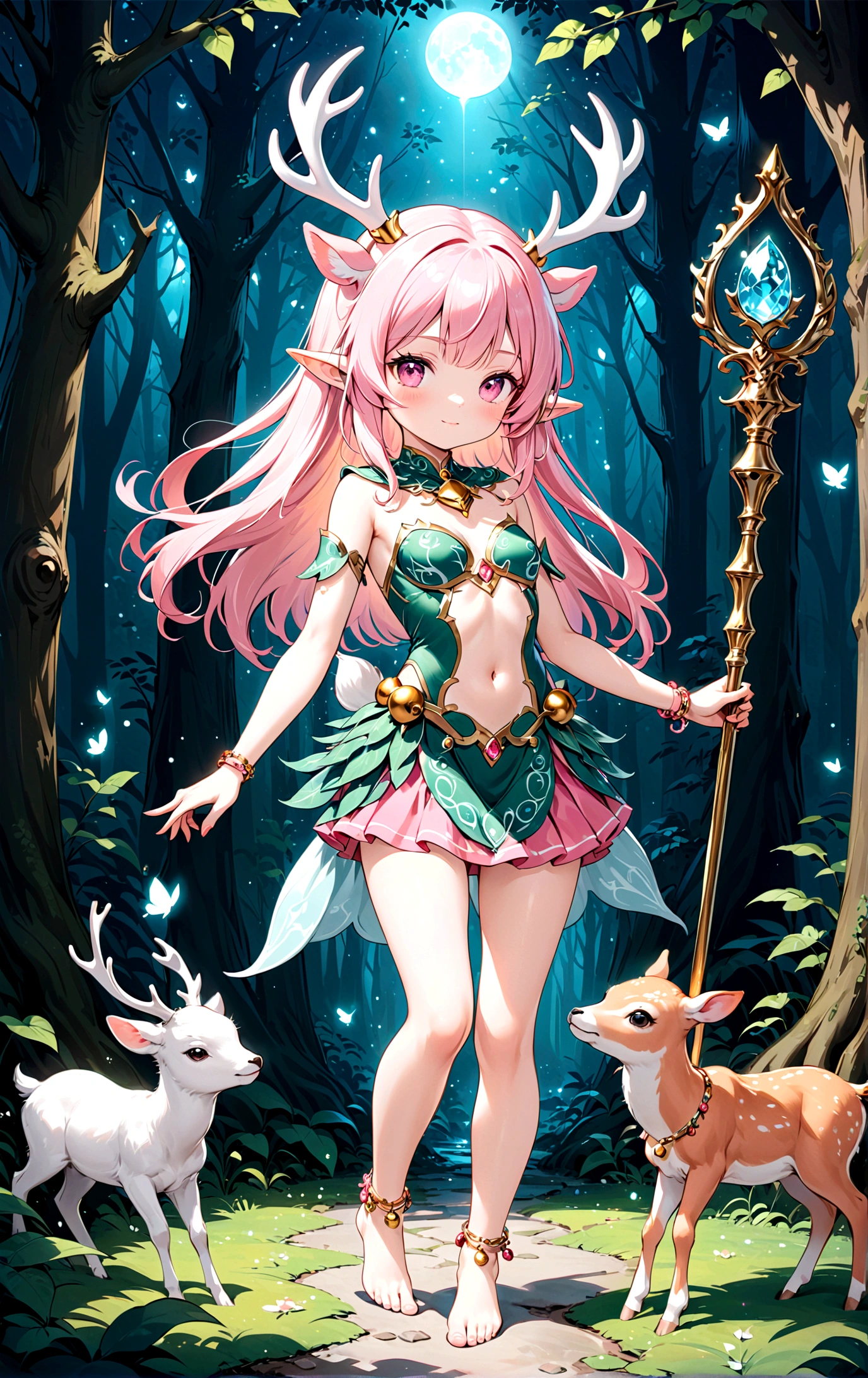 Dream illustration：Cartoon anime style，beautiful girl，Cute expression，Fluffy pink hair，Pink Eyes，Cute pink deer antlers，Elf ears，Orange tulle short skirt，Metal gem-encrusted scepter glows，Slender legs，Standing barefoot，Bells on anklets。(((Correct human anatomy)))，In the magic forest，A cute white deer