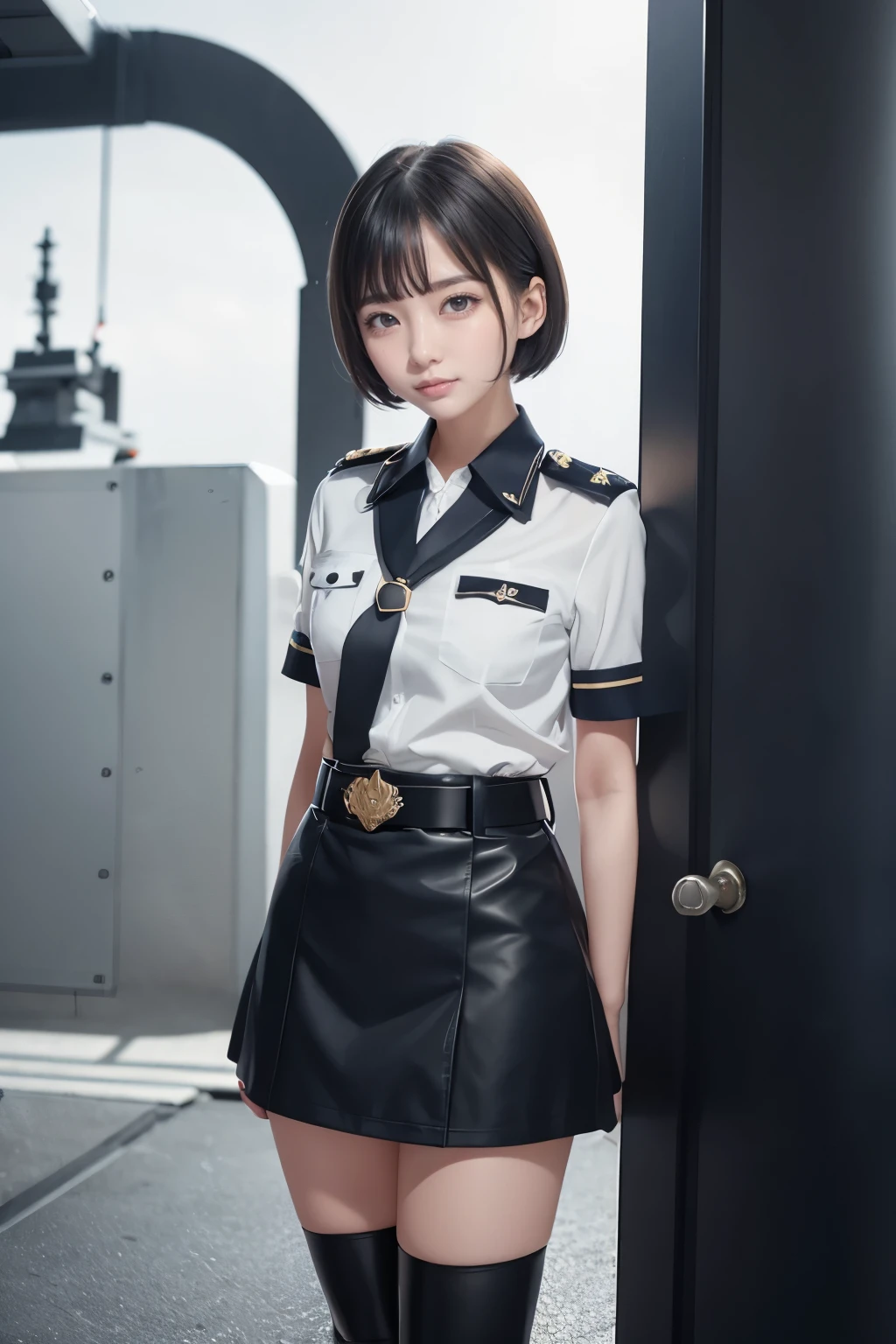 One girl、short hair(淡いblack)、Navy uniform(white)、Epaulettes(white、black、gold)、belt、mini skirt(black)、Buckled short boots(black)、Standing on a submarine、Smiling face、Military port、Composition from below、I can see the sky