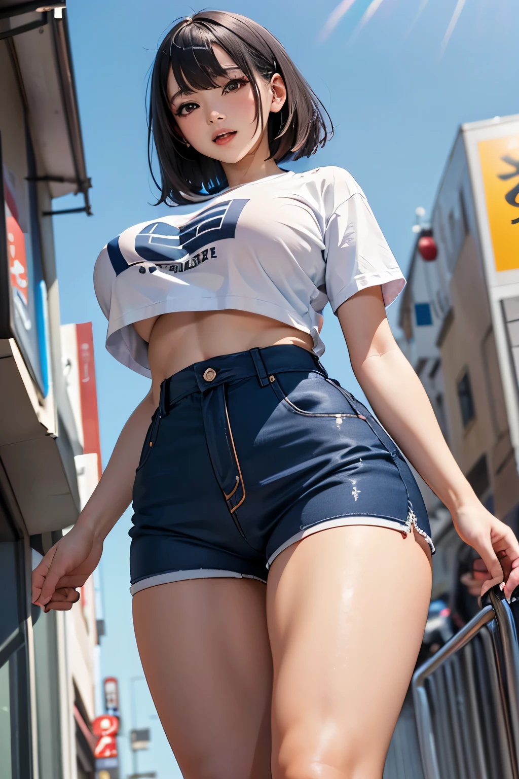 (8K, RAW Photos, Highest quality, masterpiece: 1.2),25 year old Japanese woman,(Brightly colored T-shirts,Navy blue hot pants:1.2),(Huge breasts:1.2),Tight waist,Mature Woman,Excited,At the shopping street,Daytime,(From below:1.2)