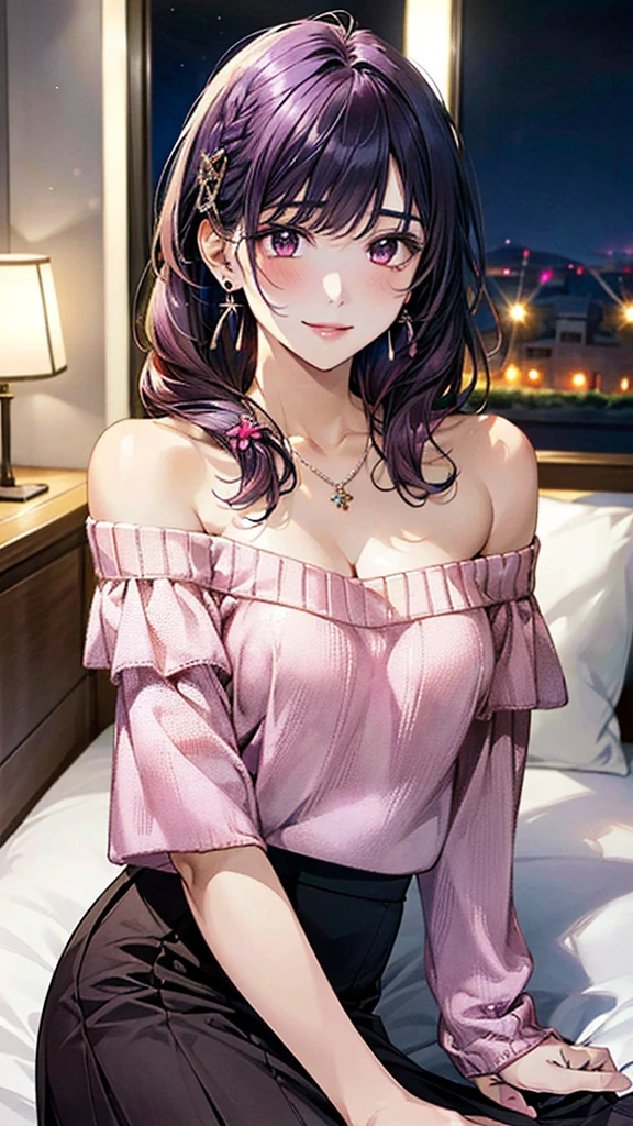 (masterpiece:1.3, Highest quality, Ultra-high resolution：1.2, Super detailed、8K), (Realistic, photoRealistic:1.4), Beautiful illustrations, Perfect lighting, colorful, Depth of written boundary, Beautiful detailed hair, Beautifully detailed face, Beautiful fine details, Droopy eyes、Beautiful clavicle, Beautiful body, 美しいLarge Breasts, Beautiful thighs, Beautiful feet, Beautiful fingers, View Viewer、Front view:0.6, Beauty1人, Japanese, Beauty、30 years old, Perfect Face, (Perfect Anatomy, Anatomically correct), Cute and symmetrical face, Baby Face, , Shiny skin,(Pink off-shoulder knit sweater:1.4), (Long skirt:1.4) 、(deep purple hair, Ribbon hair ornament、Medium Straight Hair:1.4), braided bangs、Dark brown eyes, (Large Breasts, Slim body), necklace, Small earrings:1.1, (Beautiful views), (night),( A luxury hotel room),Lying in bed, A soft smile、(Smile, Lips parted),