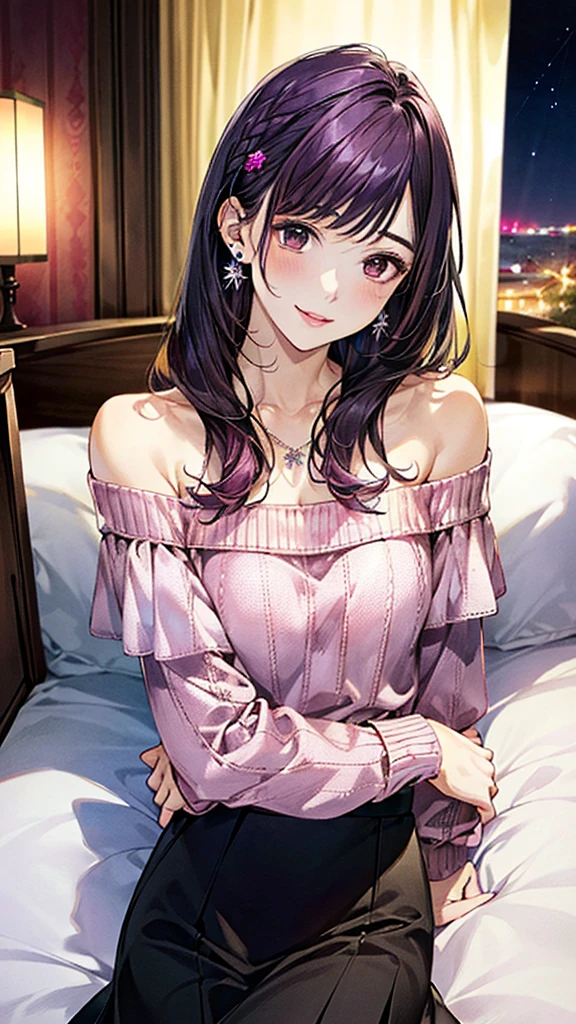 (masterpiece:1.3, Highest quality, Ultra-high resolution:1.2, Super detailed、8K), (Realistic, photoRealistic:1.4), Beautiful illustrations, Perfect lighting, colorful, Depth of written boundary, Beautiful detailed hair, Beautifully detailed face, Beautiful fine details, Droopy eyes、Beautiful clavicle, Beautiful body, 美しいLarge Breasts, Beautiful thighs, Beautiful feet, Beautiful fingers, View Viewer、Front view:0.6, Beauty1人, Japanese, Beauty、30 years old, Perfect Face, (Perfect Anatomy, Anatomically correct), Cute and symmetrical face, , , Shiny skin,(Pink off-shoulder knit sweater:1.4), (Long skirt:1.4) 、(deep purple hair, Ribbon hair ornament、Medium Straight Hair:1.4), braided bangs、Dark brown eyes, (Large Breasts, Slim body), necklace, Small earrings:1.1, (Beautiful views), (night),( A luxury hotel room),Lying in bed, A soft smile、(Smile, Lips parted),