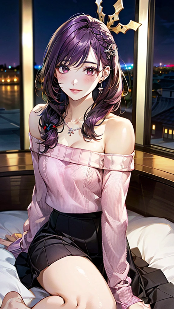 (masterpiece:1.3, Highest quality, Ultra-high resolution：1.2, Super detailed、8K), (Realistic, photoRealistic:1.4), Beautiful illustrations, Perfect lighting, colorful, Depth of written boundary, Beautiful detailed hair, Beautifully detailed face, Beautiful fine details, Droopy eyes、Beautiful clavicle, Beautiful body, 美しいLarge Breasts, Beautiful thighs, Beautiful feet, Beautiful fingers, View Viewer、Front view:0.6, Beauty1人, Japanese, Beauty、30 years old, Perfect Face, (Perfect Anatomy, Anatomically correct), Cute and symmetrical face, , , Shiny skin,(Pink off-shoulder knit sweater:1.4), (Long skirt:1.4) 、(deep purple hair, Ribbon hair ornament、Medium Straight Hair:1.4), braided bangs、Dark brown eyes, (Large Breasts, Slim body), necklace, Small earrings:1.1, (Beautiful views), (night),( A luxury hotel room),Lying in bed, A soft smile、(Smile, Lips parted),