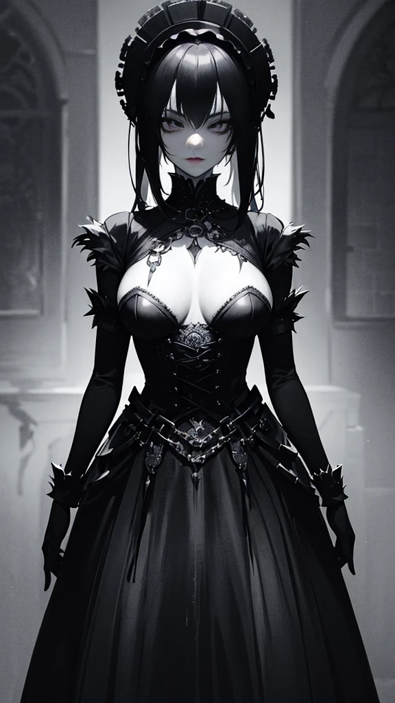 a girl monster, slave, chained, beautifu, Full-length, lots of details, delicate facial features, piercing eyes, sharp fangs, pale skin, thick chains, dark background, cinematic lighting, dramatic shadows, gothic style, moody atmosphere, dark fantasy, high contrast, muted colors