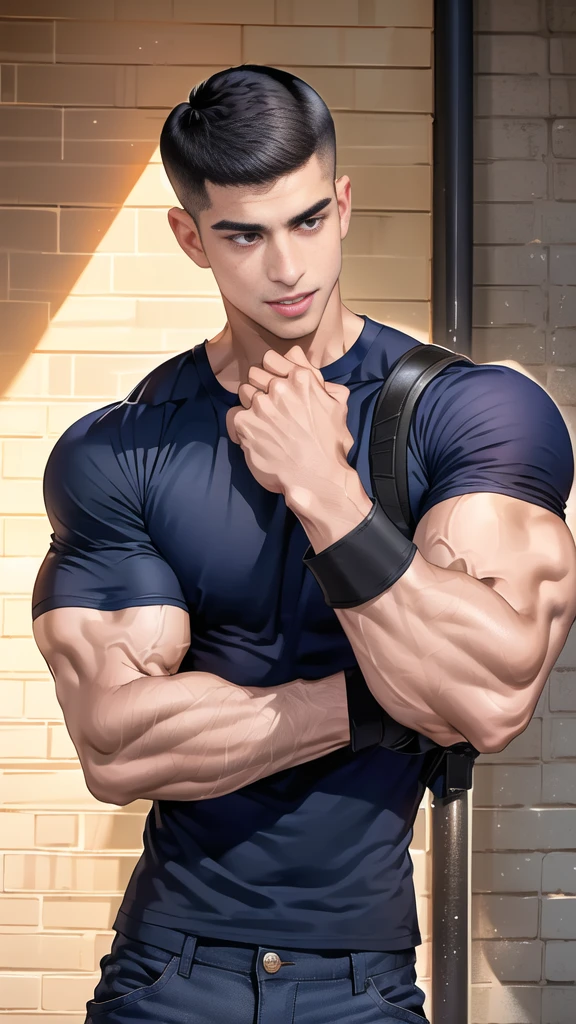 (handsome Man),(crew cut short hair:1.8),black eye,(Wear a fitted round neck t-shirt in navy with a police badge.:1.5),(fit neck),Navy blue jeans,(black_gloves:1.2), Korean guy,chest muscles,large arm muscles,blood vessel,Big muscles,Broad shoulders, (open mouth:1.2),(face up:1.2),(open eyes:1.5), middle of the road,smile,(backpack:1.3), In front of the bread shop