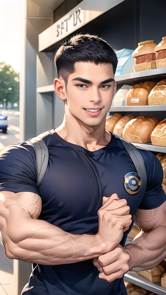 (handsome Man),(crew cut short hair:1.8),black eye,(Wear a fitted round neck t-shirt in navy with a police badge.:1.5),(fit neck),Navy blue jeans,(black_gloves:1.2), Korean guy,chest muscles,large arm muscles,blood vessel,Big muscles,Broad shoulders, (open mouth:1.2),(face up:1.2),(open eyes:1.5), middle of the road,smile,(backpack:1.3), In front of the bread shop
