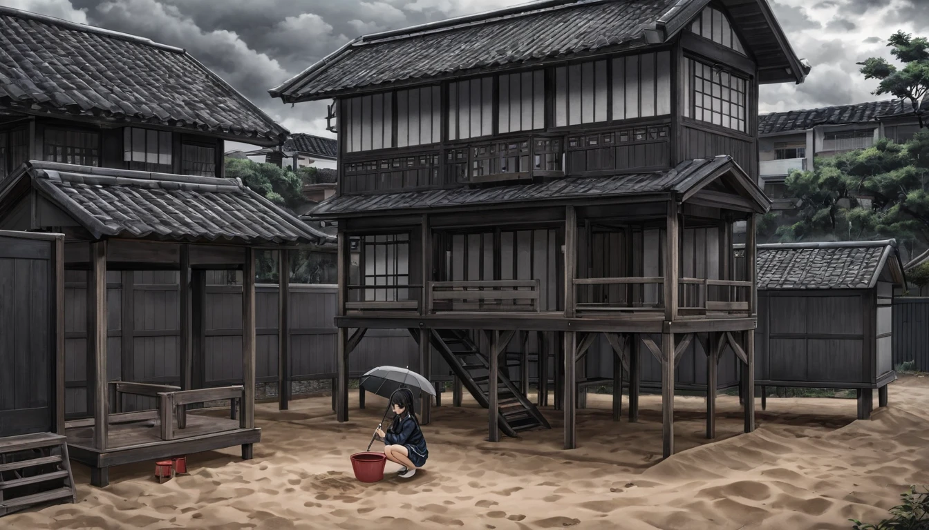 A dark and cloudy day with a sky full of dark clouds. A girl is squatting on a playground in a traditional house with a tile roof, holding an umbrella in one hand and with the other hand writing i love you in the sand on her.