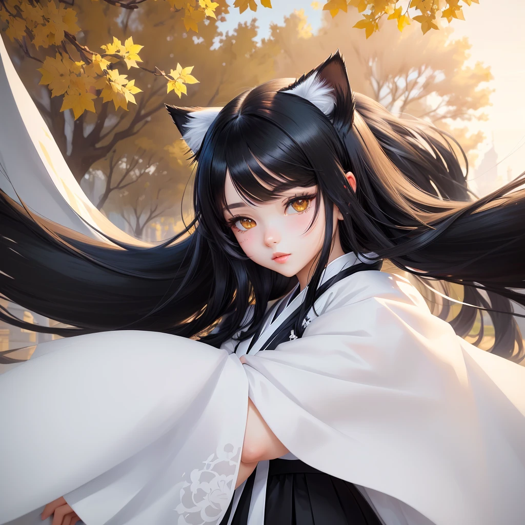 Anime girl with long black hair wearing white and black clothes., Trending on cgstation, Beautiful catgirl, portrait of Ari, anime girl cat ears, Beautiful anime catgirl, white hanfu, anime girl cosplay, catgirl very cute very beautiful, Ari, Artwork in the style of gouache, Attractive young cat, Very beautiful anime cat girl