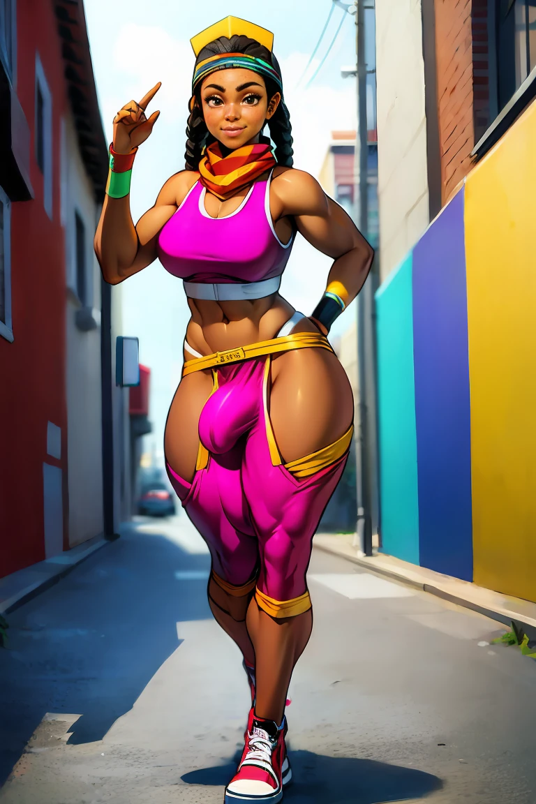 (solo:1.1),(masterpiece), (best quality:1.3), (full Body:1.1) , highly detailed, intricate, professional art, digital art, absurdres, 1girl, solo, black hair, braided hair, hair with coloured tips, slender body, tall girl, long legs, fit girl, abs, full lips, African American, dark brown eyes, gold hoop earrings, smile, visor cap, brown skin, (dark skin:1.4), red pants, sneakers, sports bra, fingerless cloves, bandana scarf, medium breasts, wide hips, full lips, futanari, testicle bulge , crotch bulge, pubic hair, pubic hair trail, BREAK, alleyway, pose, city, graffiti wall, BREAK frontal view, universal lighting, BREAK