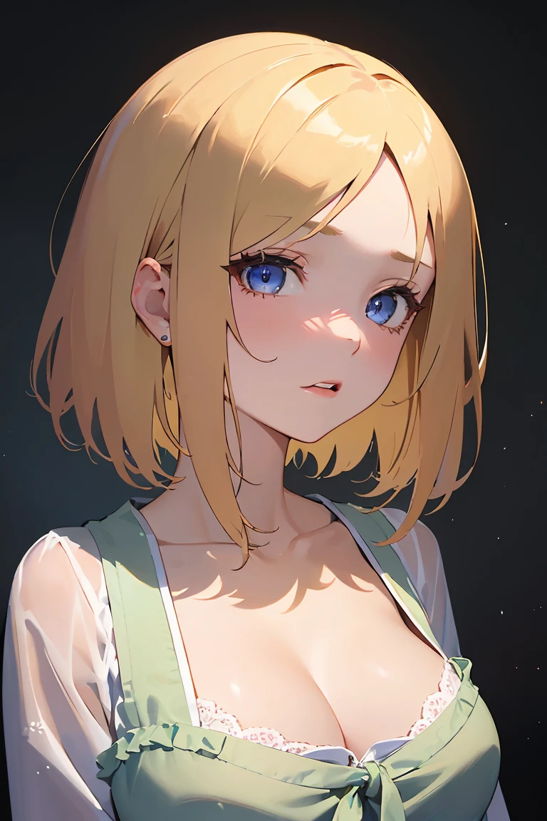masterpiece, absurdres, best quality, ultra detailed, high Resolution, detailed illustration, bright colour, (extremely beautiful detailed face and eyes, Delicate beautiful face, 1 girl, cute face:1.3), (magenta eyes:1.1), sparkling eyes, big eyes, medium breasts, (perky breasts:1.1), (pointy breasts:1.1), medium hips, glamorous body, white skin, BREAK, long bob cut, (blonde hair:0.8), messy hair, detailed hair, shiny hair, BREAK (Sage, down blouse:1.3), perfect lighting, (embarrassed:1.3), (ecstasy, vulgarity:1.5), (trembling:0.8), full body,