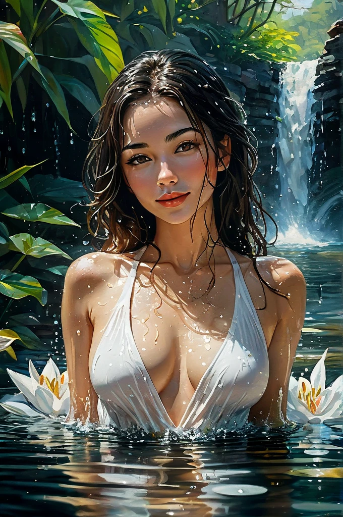 stunning realistic picture, masterpiece, high detail, small strokes, positive and joyful tones, use natural color, chic white swimsuit transparent visible (nipples and pussy:1.6), (wet swimsuit tightly stuck to the body:1.5), in front of me, (in a pose like a yogi sits:1.3), under streams of water and drops against the backdrop of a waterfall, white lilies on the water, (hands above head:1.6) She straightens her hair, видно pubic hair in women, open beautiful eyes looking at me, slightly smile , brut style art, characterized by bright and delicate colors, thick textured paint, intense black strokes, and amazed details ral-drptpl , I look up from the surface of the water