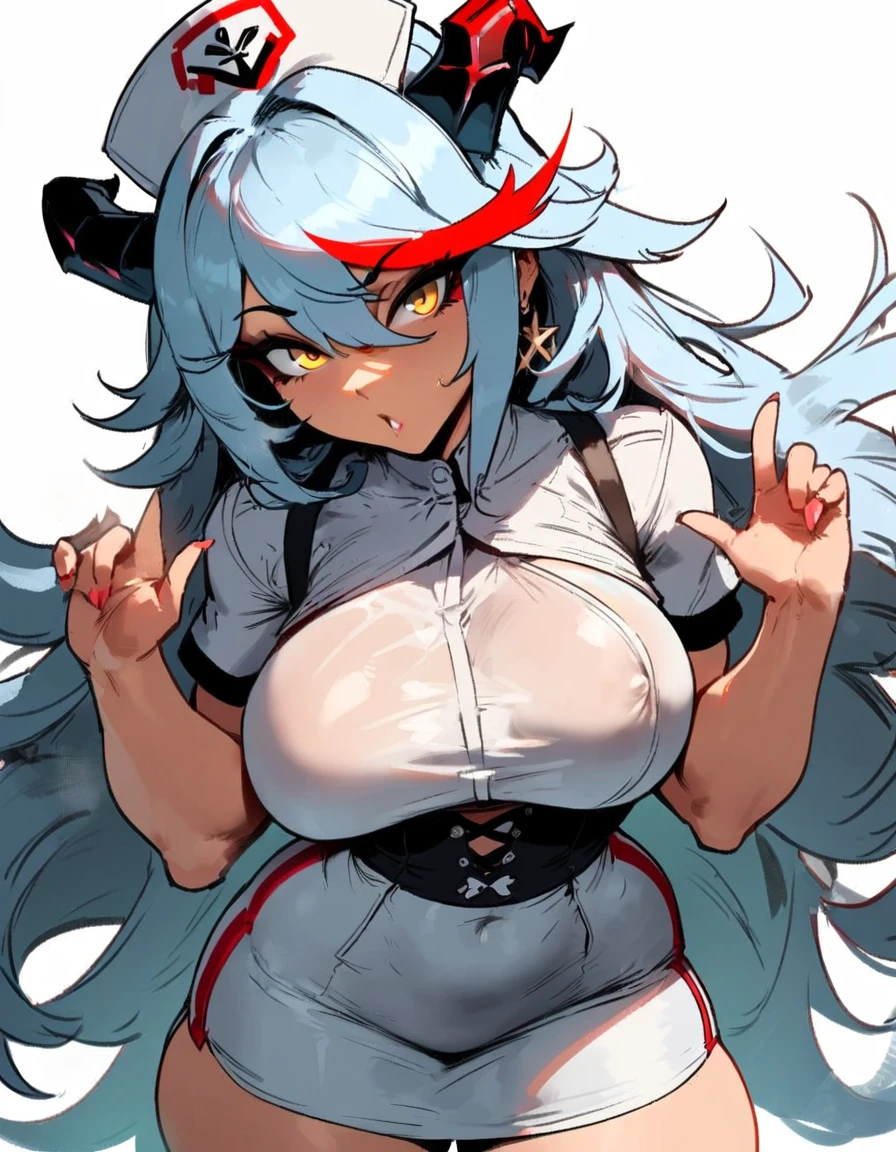 1girl, aegir \(azur lane\), azur lane \\\\\ masterpiece, best quality, very aesthetic, absurdres, newest \\\\\\ sportive body, perfect breasts \\\\\\ by nyantcha,,by cutesexyrobutts,by khyle ///// silvery white hair with a single prominent red streak, black horns, yellow eyes, , white background, japanese nurse outfit, skirt, standing, pencil skirt, nurse cap