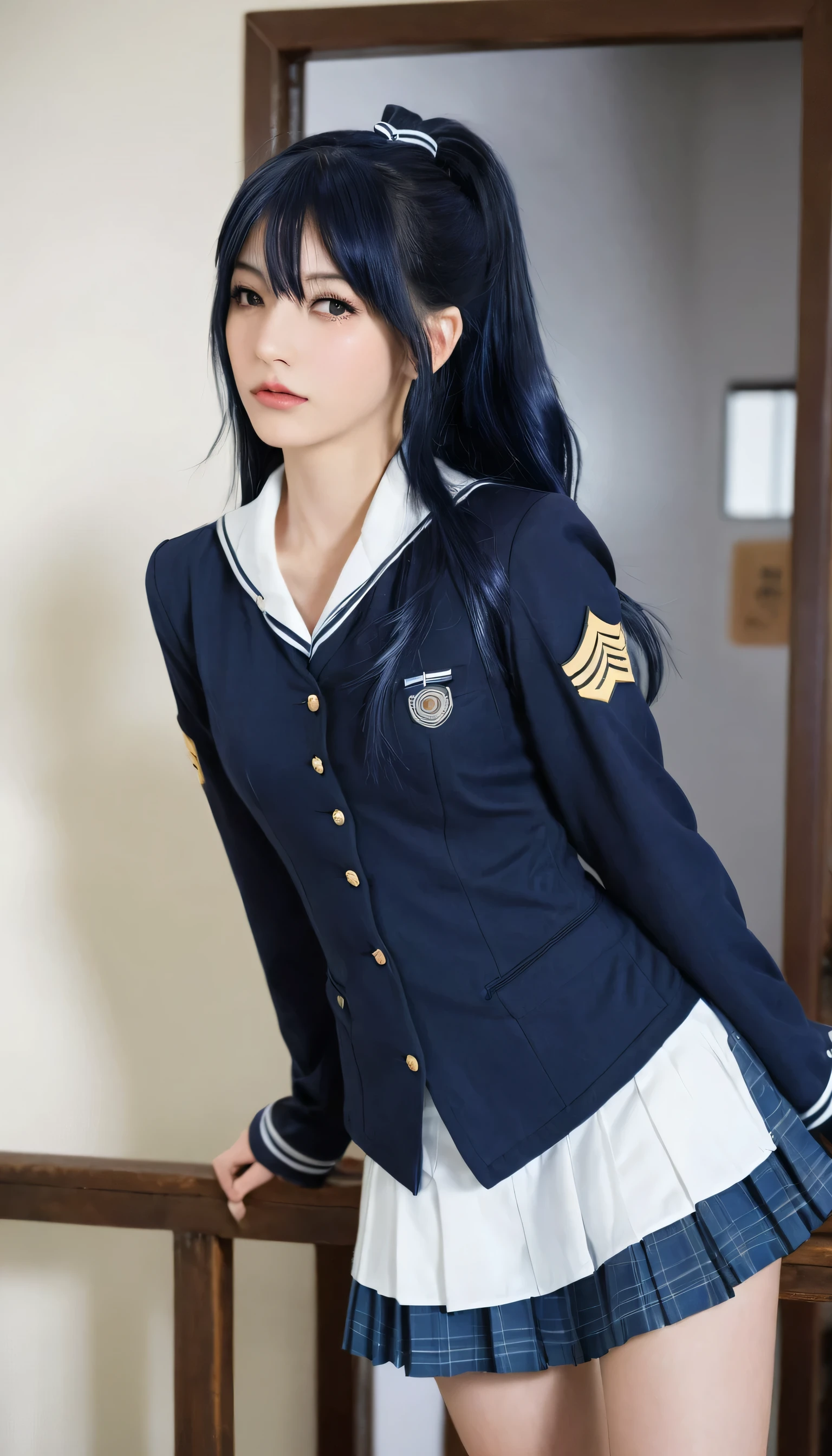 1girl, solo, Laura S. Arseid (long dark blue hair, ponytail and side Bang, small boobs), (inspired by trails of cold steel) in a school dress showing off her panties, in a military school, embarrassed