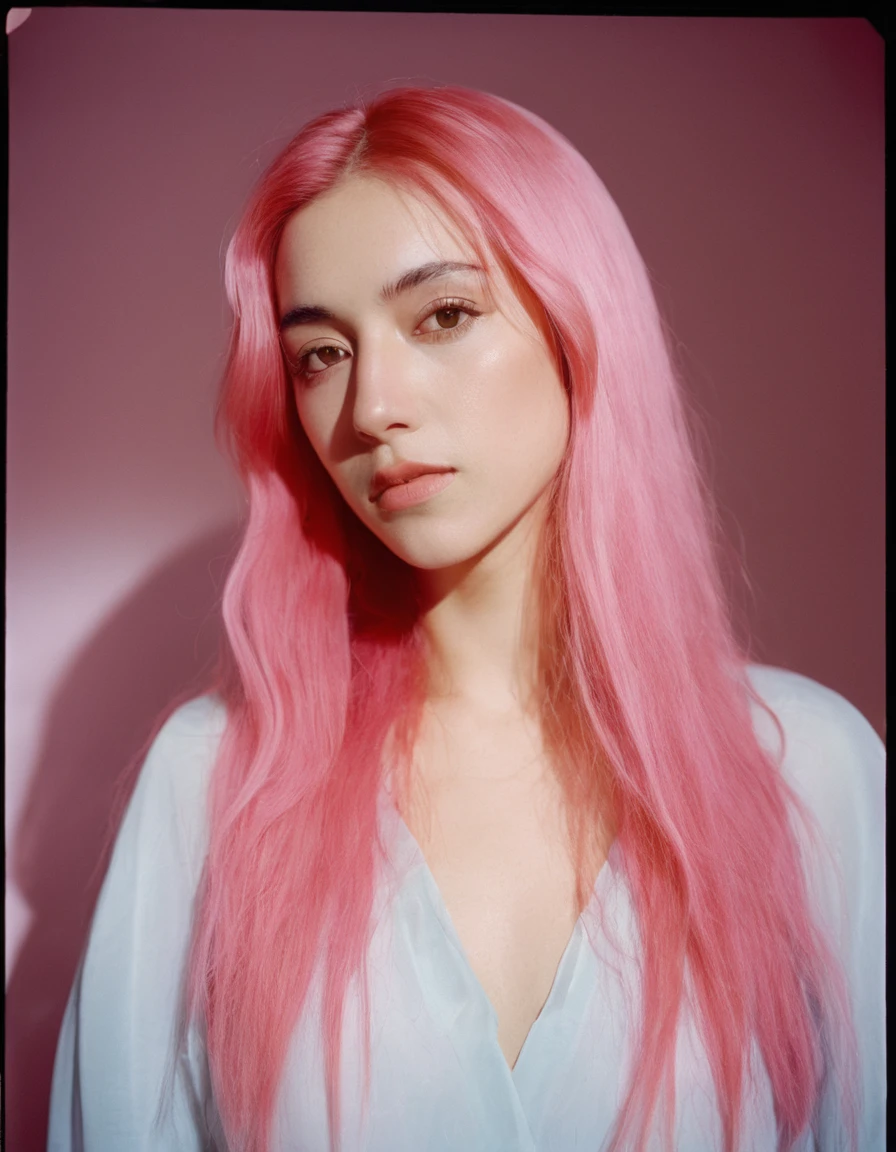 a woman with long pink hair, standing in front of a wall with a light shining on her face, photography of todd hido, dramatic light 8 0 mm camera, todd hido, shot on large format film camera, medium format. soft light, todd hido photography, studio medium format photograph, photo taken with provia 1967, subtractive lighting, Hasselblad photograph,Aerial View,woman, with long pink hair,( dress, sunglasses,) , music video, youtube, screenshot, dua lipa, long hair
