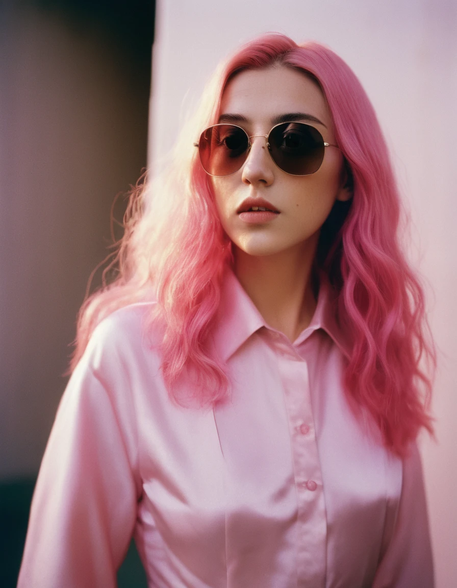 A woman with long pink hair, standing in front of a wall with a light ...
