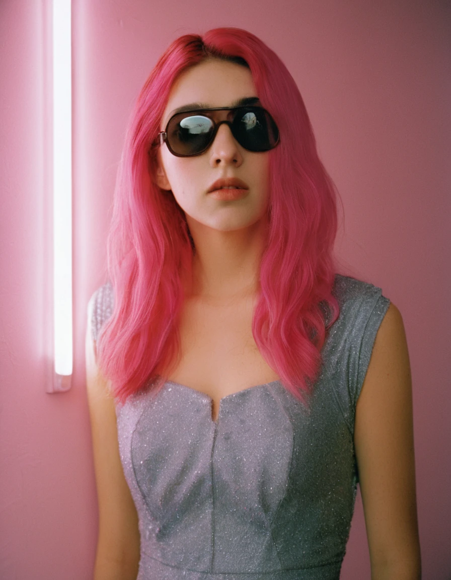 a woman with long pink hair, standing in front of a wall with a light shining on her face, photography of todd hido, dramatic light 8 0 mm camera, todd hido, shot on large format film camera, medium format. soft light, todd hido photography, studio medium format photograph, photo taken with provia 1967, subtractive lighting, Hasselblad photograph,Aerial View,woman, with long pink hair,( dress, sunglasses,) , music video, youtube, screenshot, dua lipa, long hair