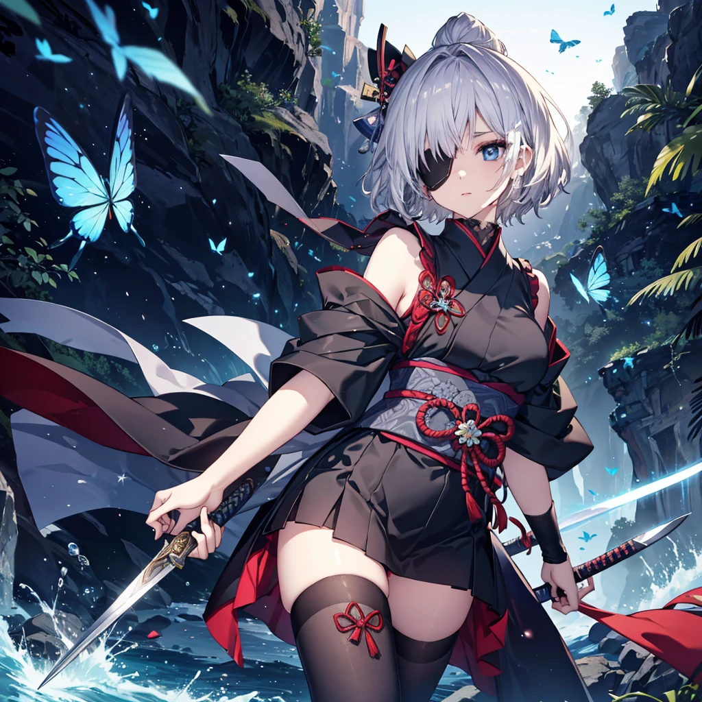 (((1 person Put on an eye patch Gray Hair))) ((High resolution short hair Black kimono Shoulder Rin々Funny face knifeを胸の前で構える)) ((Black Band samurai Lonely despair blue eyes Close-up)) ((Blue Butterfly night Japanese style old Shining Aura garden water surface Catch the wind)) (dance 日本knife knife Slashing) 月night moonlight star Draw your sword Shining Background Shining Edge